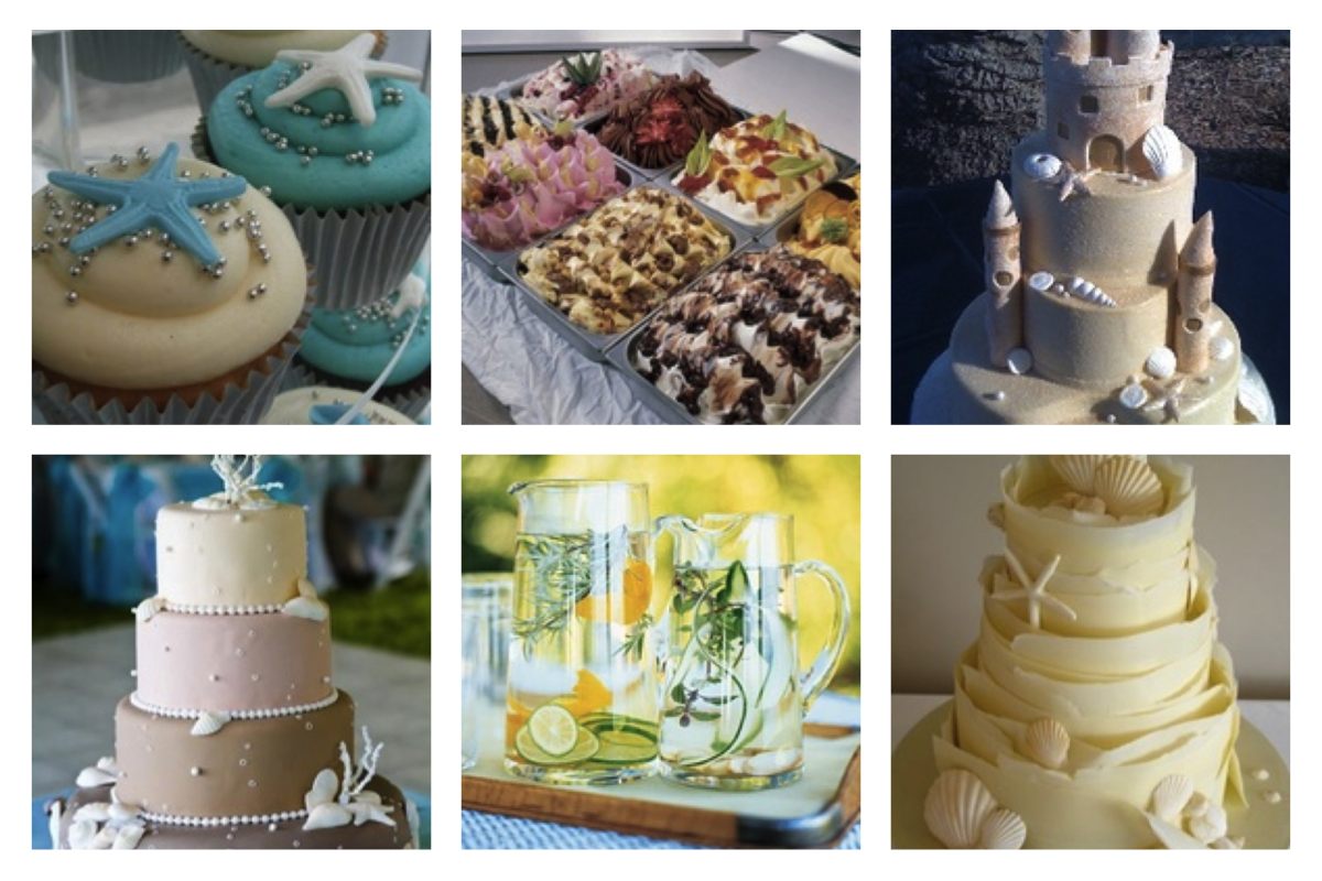 Nourriture d'un mariage à la plage. Cupcakes décorés d'étoiles de mer, assortiment de glaces, pièce montée représentant un château de sable, deux pièces montées ayant pour thème la mer, pichets d'eaux aromatisées