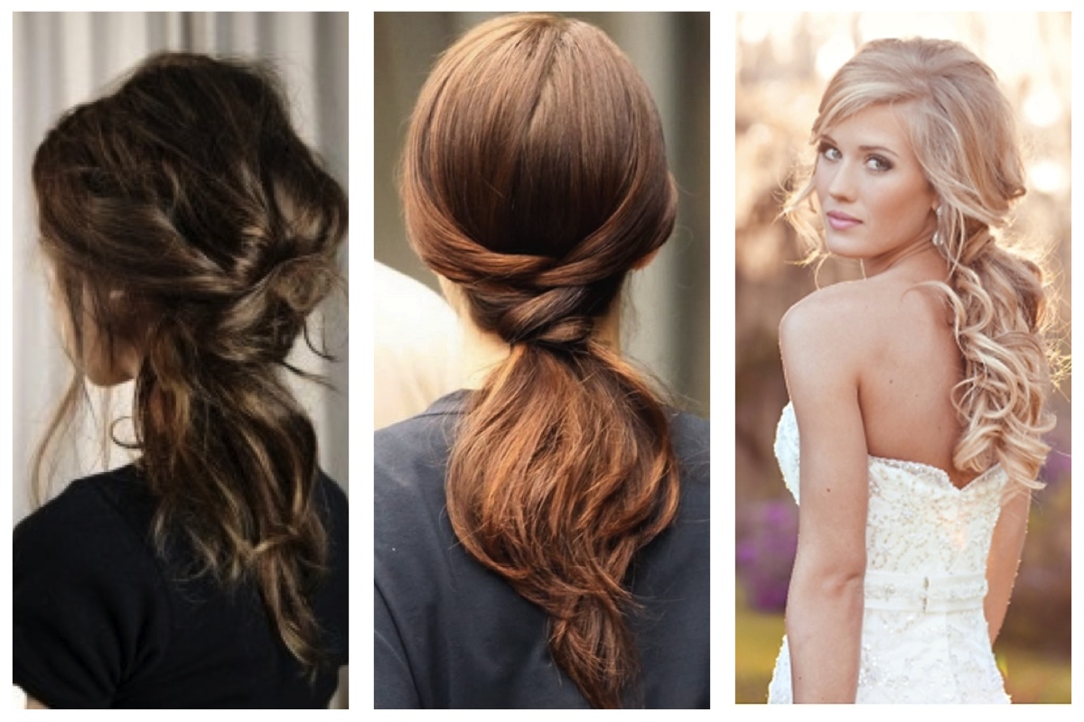 3 queues-de-cheval, l'une désordonnée, l'une plus sophistiquée et l'autre avec cheveux bouclés