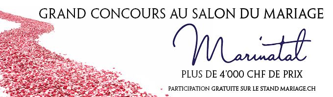 Les 23, 24 et 25 janvier 2015 a lieu le Salon du mariage Marinatal au Palais de Beaulieu à Lausanne. A cette occasion, Mariage.ch et MariNatal vous proposent un grand concours avec plus de CHF 4'000 de prix à gagner.